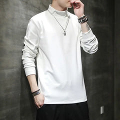 Autumn Winter New Fashion Half High Collar Long Sleeve Pullovers Men's Clothing Solid Color Casual Bottoming Shirt Korean Tops