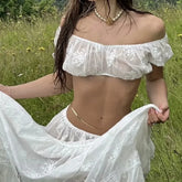 Voguable 2024 Sexy Corset White Embroidery Flower Ruched Chest Elastic Shoulder Crop Top Women Short Puff Sleeve Tanks Top High Waist tee voguable