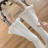 Voguable White Lace Spliced Trousers with Slightly Flared Imitation Jeans Women Autumn American Retro Small 8/9-point Flared Trousers voguable