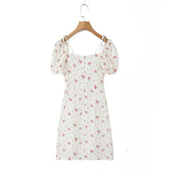 Sexy Elegant Women French Style Floral Print Dress Vintage Puff Sleeve Female Summer Holiday Party Dresses Slim Mini Robe voguable
