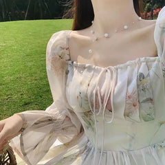 Voguable Summer Elegant Floral Fairy Dress Woman Beach Style Party Long Sleeve Midi Dress Fashion French Style Chiffon Dress voguable