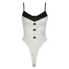 Voguable Korean Style Contrast Lace Patchwork Bodysuit Women Sexy Multi Bows Hollow Out Sleeveless Bodysuits Y2K Translucent Top voguable