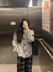 Slouchy Knit Cardigan for Women Rib-knit Pockets Front High Neck Button Up Sweater Jacket Coat Female Autumn Winter Basic Outfit voguable