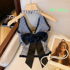 French Sweet Spicy Camis Hanging Neck Camisole Lace Patchwork Plaid Print Short Top Sexy Deep V-neck Bandage Halter Crop Tops voguable