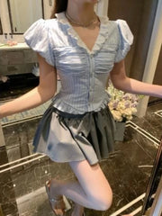 Voguable 2024 New Japanese Style Kawaii Suit Girls Cute Stripe Slim Bouse + Bow Y2k Mini Skirt Korean Fashion Sweet Skirt Set Woman Chic voguable