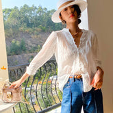 Elegant Chic Blouse Shirt White Lace Patchwork Spring Women Blouse Long Sleeve Hollow Out Boho Sexy Ladies Top Shirt voguable