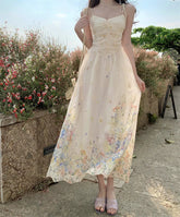 Summer French Print Embroidery Women's Dresses 2025 Prairie Chic Elegant V-Neck Pleated Lace-up Long Dress New Fashion Casual voguable