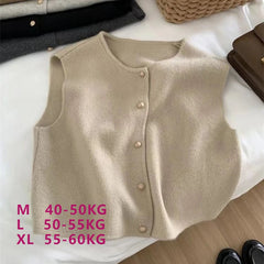 Crew Neck Women's Korean Solid Button Short Sleeve Cardigan Coats Sweater Knitted Sleeveless Ladies Elegant Tanks Bottoming voguable