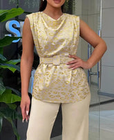 Voguable New women's two-piece gold leopard print sleeveless vest and casual slim fit pants set for spring and summer voguable
