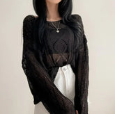 Long Sleeve Crochet Top Cable Knit Summer Beach Bikini Cover Up Crop Pullover Openwork Blouse Women Vacation Boho Outfit voguable