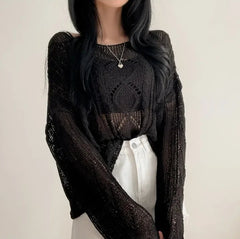 Long Sleeve Crochet Top Cable Knit Summer Beach Bikini Cover Up Crop Pullover Openwork Blouse Women Vacation Boho Outfit voguable