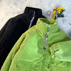 Men's Cotton Padded Jacket Winter Corduroy Padded Jackets Female Loose Stand-up Collar Thickened Warm Zipper Solid Color Coats voguable