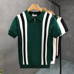New Men's Clothing Light Luxury Knit Striped Zipper Polo Shirt Business Leisure Short Sleeve Korean Popular Retro Knitwear M-3XL voguable