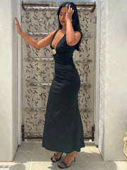 Elegant Deep V Neck Front Gold Clasp Sexy Maxi Dress For Women Black Gown Sleeveless Slim Fit Long Tank Dress Elegant voguable