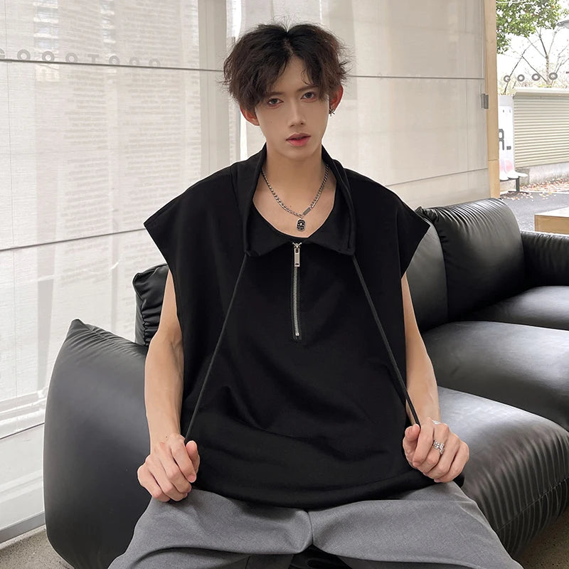 Men Sleeveless T Shirt Half Zip Collar Solid Color Streetwear Fashion Top Unique Design Trendy Summer Casual Wear New Arrival voguable