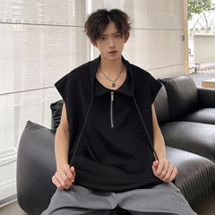 Men Sleeveless T Shirt Half Zip Collar Solid Color Streetwear Fashion Top Unique Design Trendy Summer Casual Wear New Arrival voguable