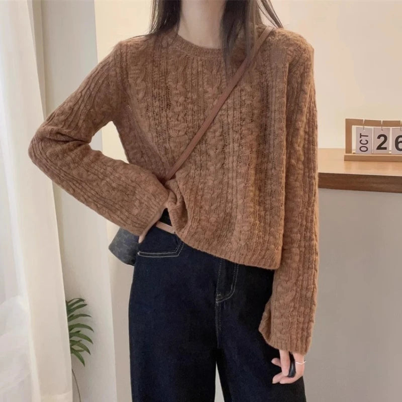 Cable Knit Crop Sweater for Women Long Sleeve Crew Neck Pullover Boxy-fit Plain Jumper Teen-girl Fall Winter Y2K Outfit voguable