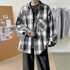 Harajuku Long Sleeve Plaid Shirts Men Big Size M-5XL Autumn Chic Loose Vintage High Street All-match Gentleman Camisa voguable