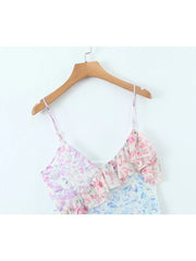 Voguable Summer Women Multi Color Block Irregular Floral Print Sexy Sling Dress Sweet Ruffle Female Sleeveless Beach Dress voguable