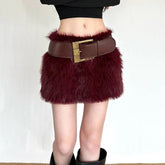 Voguable Red Sexy Faux Fur Skirts Womens Autumn Winter Fashion Slim High Waisted Elastic Furry Mini Y2K Skirt Belts Female Young voguable