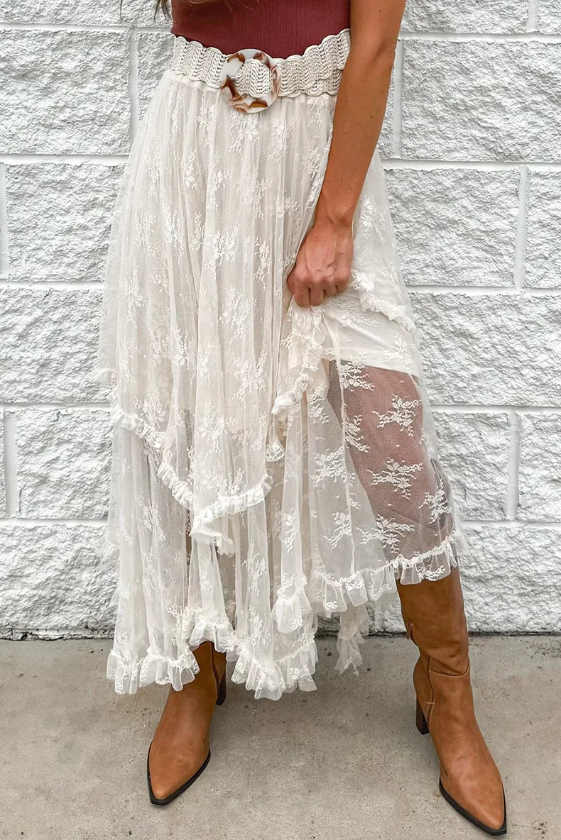 2025 New Irregular Lace Long Skirt Elastic Waist Loose Women Skirt Ruffle Bohemian Vacation Summer Skirts Cowbaoy Female Cloth voguable