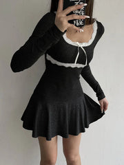 Voguable Lace Patchwork Knitted Mini Dresses Women Autumn Y2K Sweet Bow Bodycon Long Sleeve Pleated Dress Casual Korean Style voguable