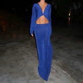 Voguable Solid Sexy V-neck Hollow Waist Banquet Dress Fashion Long Sleeve Fit Wrap Hip Party Dress Temperament Simple Women Evening Dress voguable
