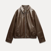 2024 Vintage Chocolate Leather Laple Jacket Women Chic Zipper Long Seleeve Pocket Short Coat New Autumn Ladies High Streetwear voguable