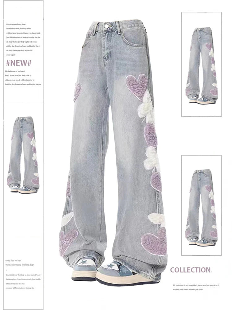 Voguable Women Jeans with Heart Vintage Y2k 90s Aesthetic Baggy Denim Trouser 2000s Harajuku Kawaii Wide Cowboy Pants Trashy Clothes 2024 voguable