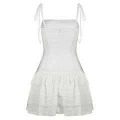Voguable French Jacquard A-line Tiered Mini Dress Women Coquette Chic Ruffle Spaghetti Straps Layered Sundress Holiday Party voguable