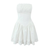 Hollow Out Embroidery White Strapless Dress For Women Sexy Low Waist Party Mini Summer Dresses Holiday Cotton Robe