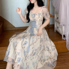 Voguable Women Ruffles Casual Korean Fairy Dress Female Summer Lace-up Vacation Party Dress Elegant Vintage Floral Midi Dress voguable