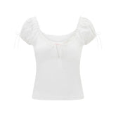 Fairycore Crop Top y2k Clothes Women Lace Trim Scoop Neck Knitted T Shirt with Bow 2000s Clothing Sweet Streetwear voguable