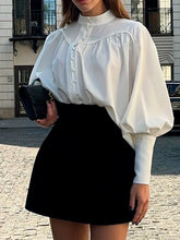 Voguable Elegant Retro White Shirts for Women Fashion Autumn Top Stand Collar Lantern Sleeve Button-Up Vintage Office Blouses Female voguable