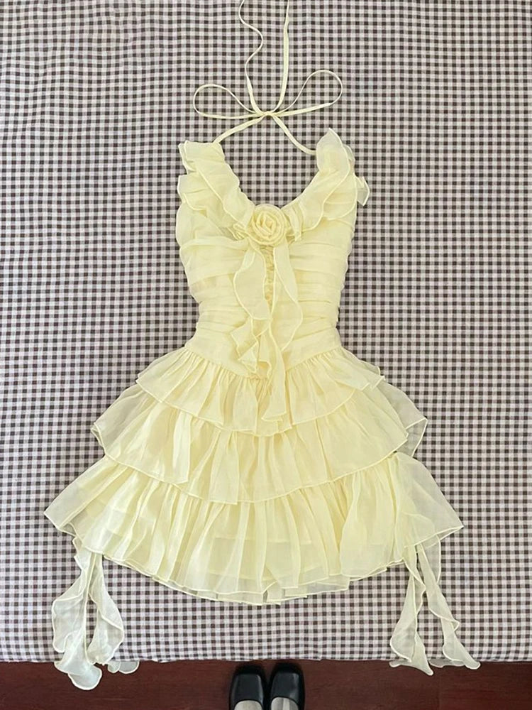 Slim Sweet Ruffles Dress Women Fashion 3D Floral Casual Elegant Mini Dress Summer Sexy Sleeveless Lady Yellow Cake Vestidos voguable