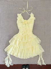 Slim Sweet Ruffles Dress Women Fashion 3D Floral Casual Elegant Mini Dress Summer Sexy Sleeveless Lady Yellow Cake Vestidos voguable