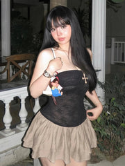 Weird Puss Patchwork Lace Dress Women Sexy Thin Wrap Bubbles Hem Sleeveless Backless Summer Midnight Skinny Street Mini Bodycon voguable