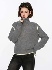 Streetwear Retro Gray Sweaters Women Loose Harajuku Long Sleeve Knitted Pullover Y2K American Turtleneck Vintage Jumper New voguable