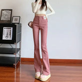 Voguable Summer New Micro Flare Imitation Jeans Women's Solid Button Pocket Zipper Elastic High Waist Casual Fashion Slim Straight Pants voguable