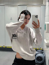 Voguable Women Vintage Knit Sweater Long Sleeve V Neck Lazy Wind Autumn Winter Pullovers Loose Casual Button Print American Retro Jumpers voguable