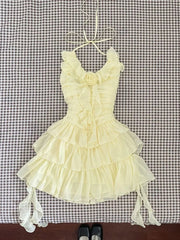 Slim Sweet Ruffles Dress Women Fashion 3D Floral Casual Elegant Mini Dress Summer Sexy Sleeveless Lady Yellow Cake Vestidos voguable