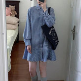 Voguable England Preppy Style Blue Plaid Shirt Dress New Spring Autumn Cootrast Color Polo Neck Loose Long Sleeve Patchwork Vintage Dress voguable