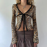 Voguable Vintage Leopard Print Lace-up Cropped Top Fairycore Grunge Contrast Lace Patchwork T-shirts Sexy Flare Sleeve Tees Fall voguable