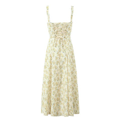 Floral Bustier Midriff Waist Shaper Dress Elegant Women Lacing Up Bandage Back Sexy Slit Holiday Summer Dress Party Robe