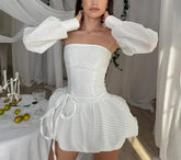 Voguable Autumn New Fashionable, Sexy, Elegant Solid Color Short Sleeve strapless Waist Dress for Women voguable