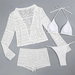 Voguable Solid White Hollow Lace Swimwears 4 Piece Bikinis Sets Shorts Coats Micro Thong Sexy Swimsuit Women Bather Halter String Bikini voguable