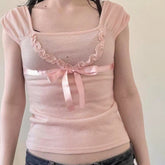 Voguable Y2K Rhinestone Frill Edge Bow T-shirt Pink Kawaii Japanese Lolita Casual Square Collar Short Sleeve Top Coquette Tees voguable