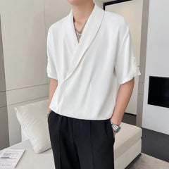 Solid Color Men Apple Collar T Shirt Unique Design Streetwear Fashion Casual Top Trendy Street Performance Tee Comfort Urban voguable