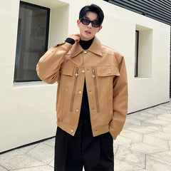 Voguable 2024 Trendy Metal Buckle Decorate Splicing Design Casual Leather Jacket Men's High Street Handsome Stylish PU Coat voguable