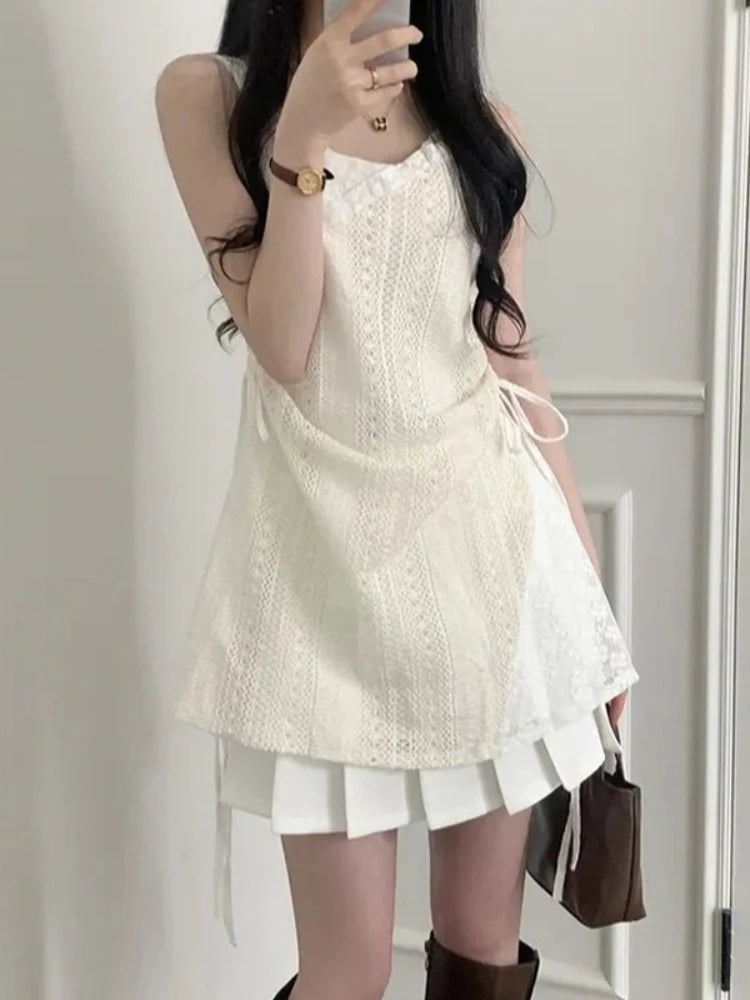 Voguable Summer Elegant New One Piece Dress Women Chic French Lace Sling Shirt Stacked Female Korean Fashion Inner Wear Base Short Dress voguable